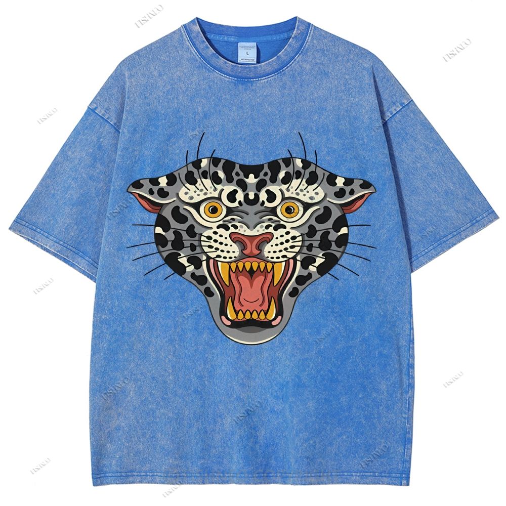 Unisex Vintage Growling Leopard Printed Washed Tee