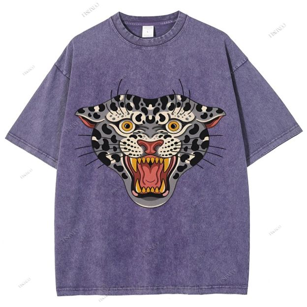 Unisex Vintage Growling Leopard Printed Washed Tee