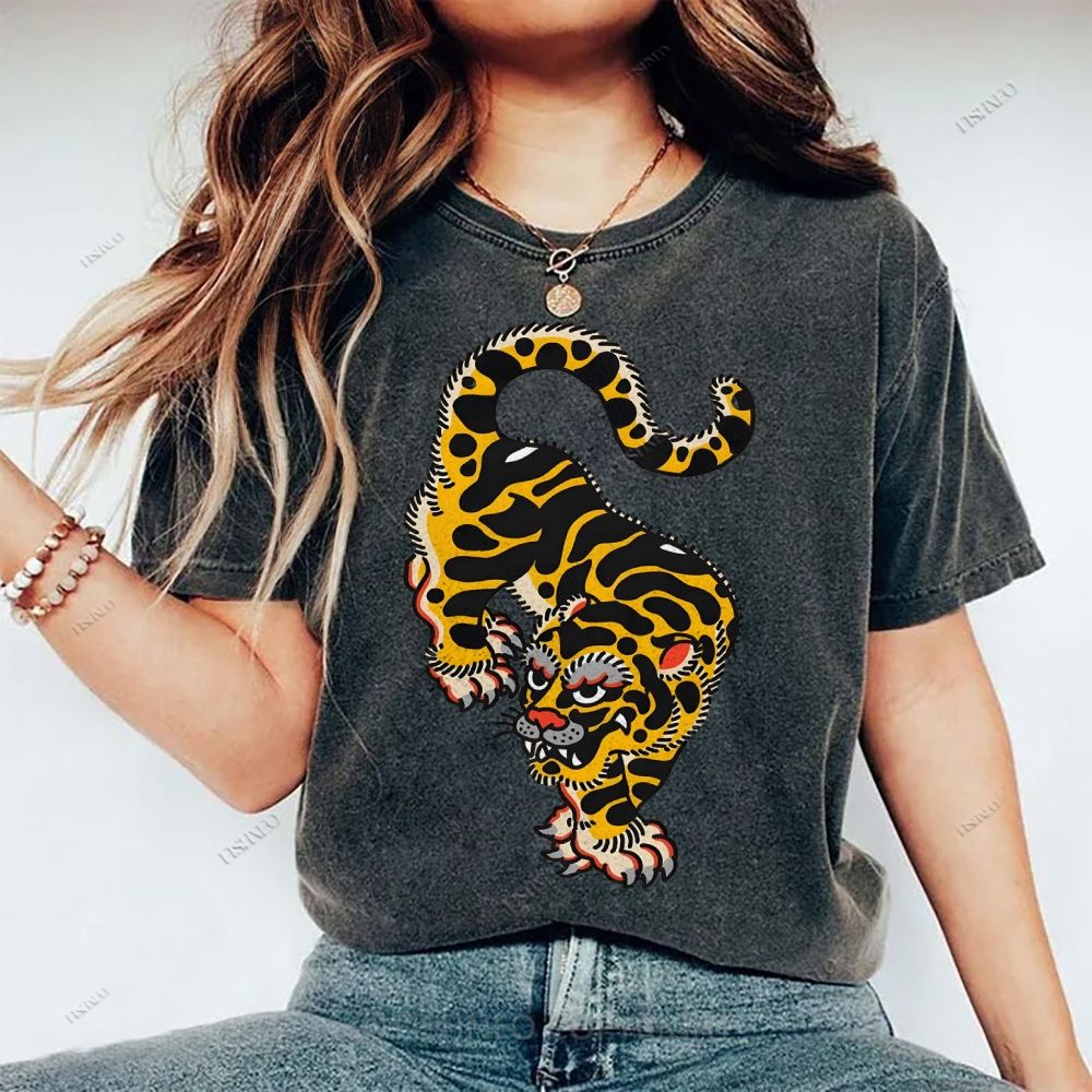 Unisex Vintage Old School Tattoo Tiger Printed Washed Tee