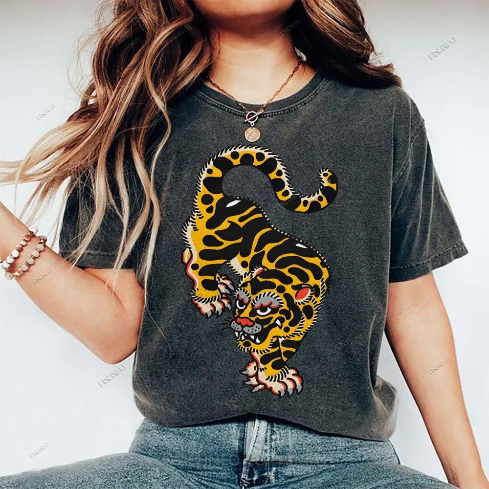 Unisex Vintage Old School Tattoo Tiger Printed Washed Tee