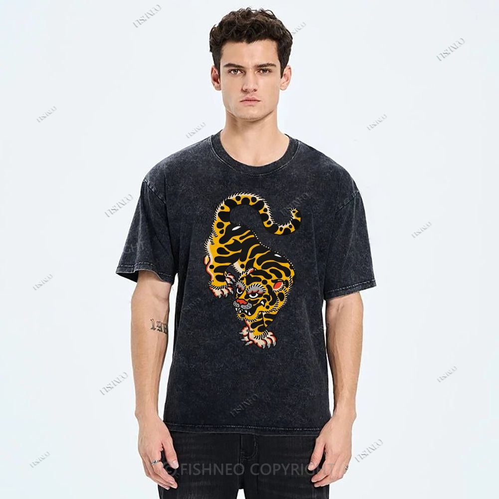 Unisex Vintage Old School Tattoo Tiger Printed Washed Tee