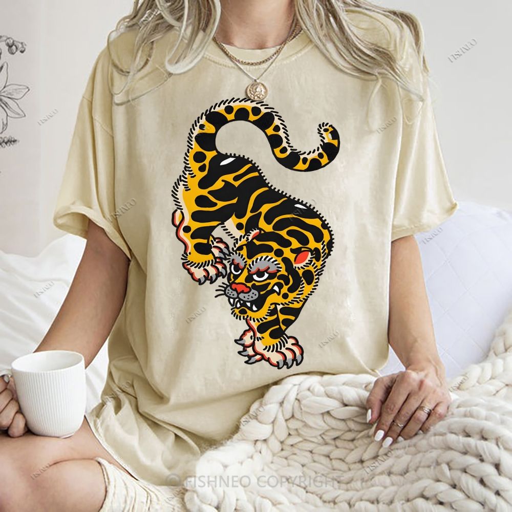 Unisex Vintage Old School Tattoo Tiger Printed Washed Tee