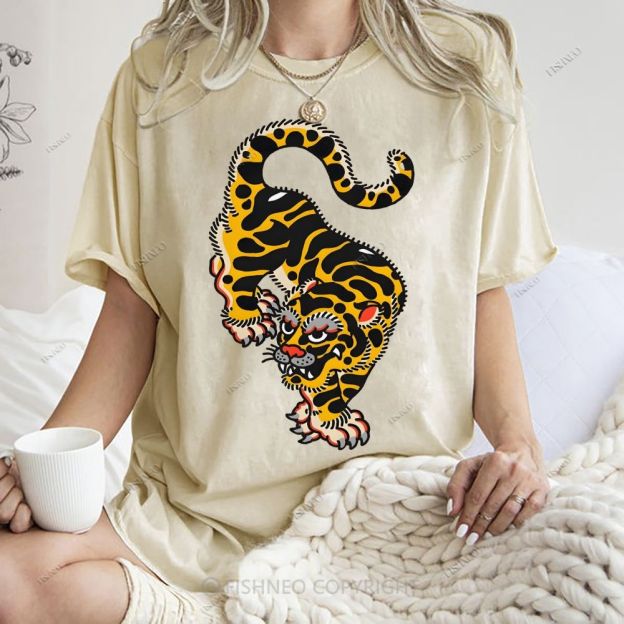 Unisex Vintage Old School Tattoo Tiger Printed Washed Tee