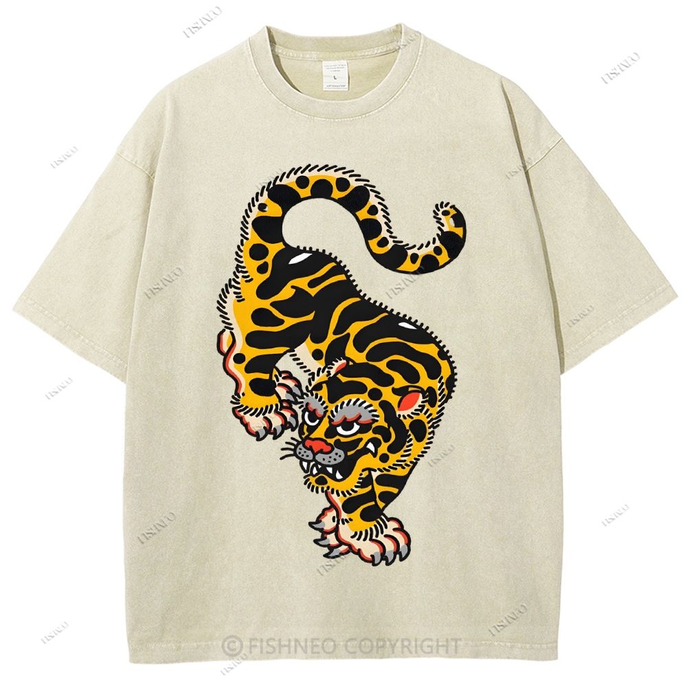 Unisex Vintage Old School Tattoo Tiger Printed Washed Tee