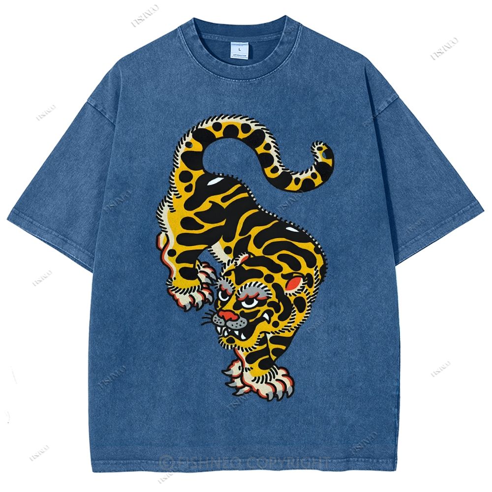 Unisex Vintage Old School Tattoo Tiger Printed Washed Tee