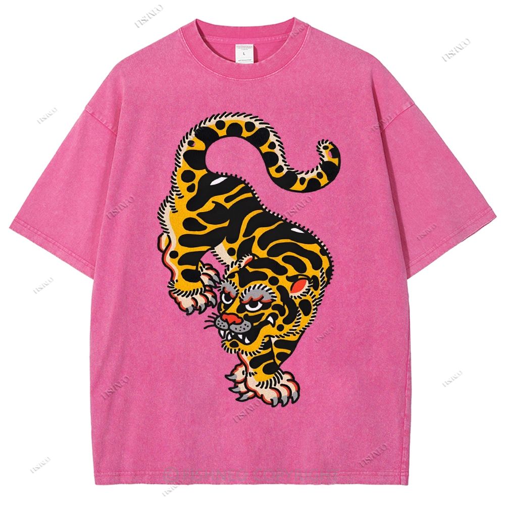 Unisex Vintage Old School Tattoo Tiger Printed Washed Tee