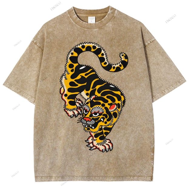 Unisex Vintage Old School Tattoo Tiger Printed Washed Tee
