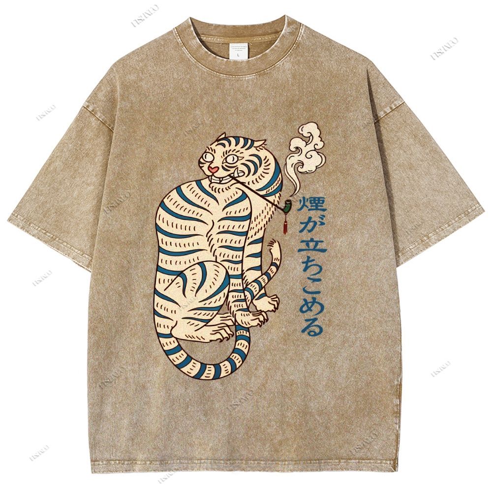 Unisex Japaneses Tiger Smoking Printed Washed Tee
