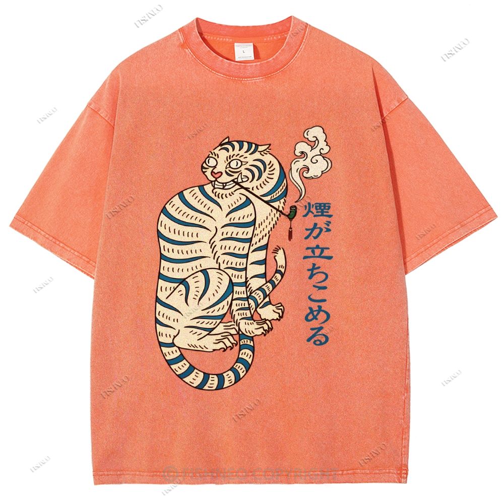Unisex Japaneses Tiger Smoking Printed Washed Tee
