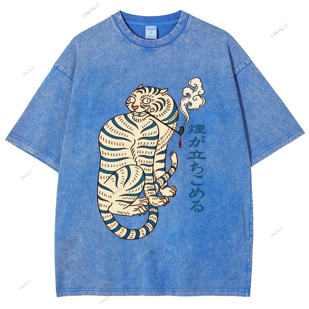 Unisex Japaneses Tiger Smoking Printed Washed Tee