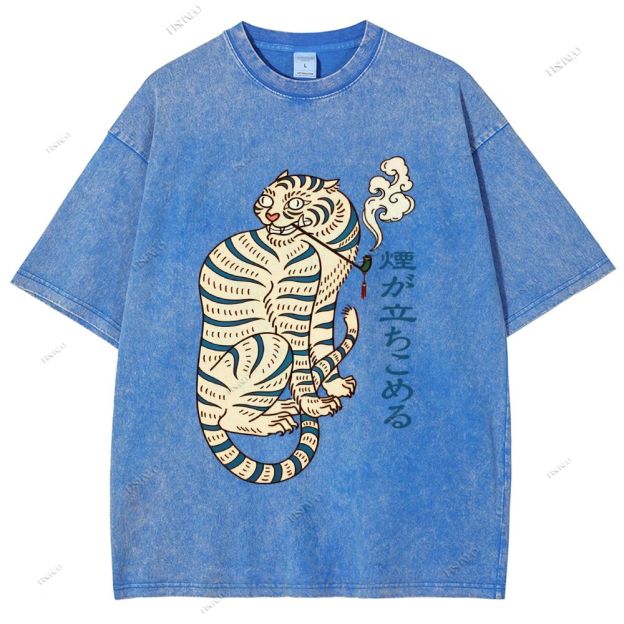 Unisex Japaneses Tiger Smoking Printed Washed Tee
