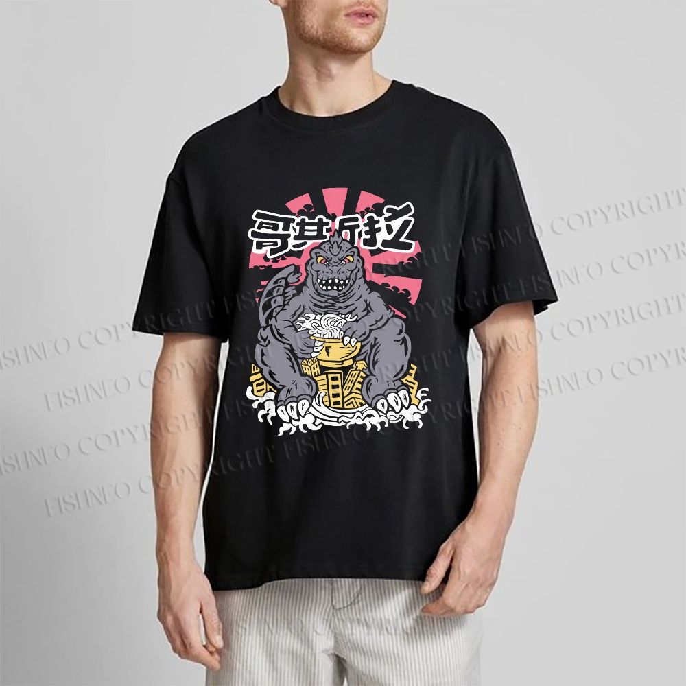 Unisex Godzilla Having Noodle Graffiti Classic Cotton T-shirt