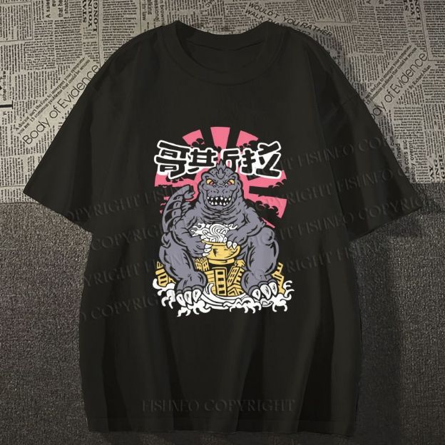 Unisex Godzilla Having Noodle Graffiti Classic Cotton T-shirt