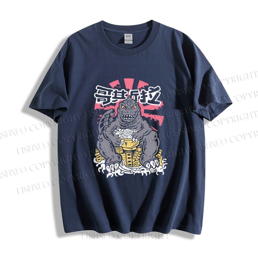Unisex Godzilla Having Noodle Graffiti Classic Cotton T-shirt