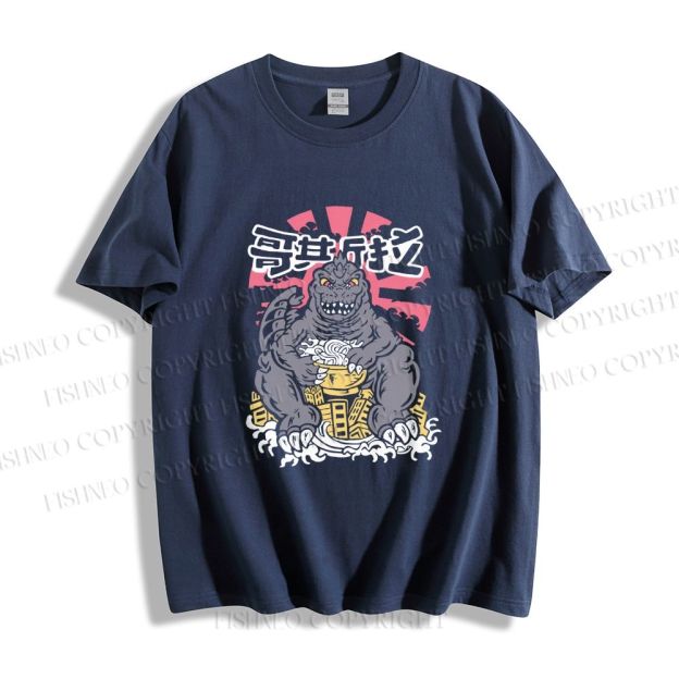 Unisex Godzilla Having Noodle Graffiti Classic Cotton T-shirt