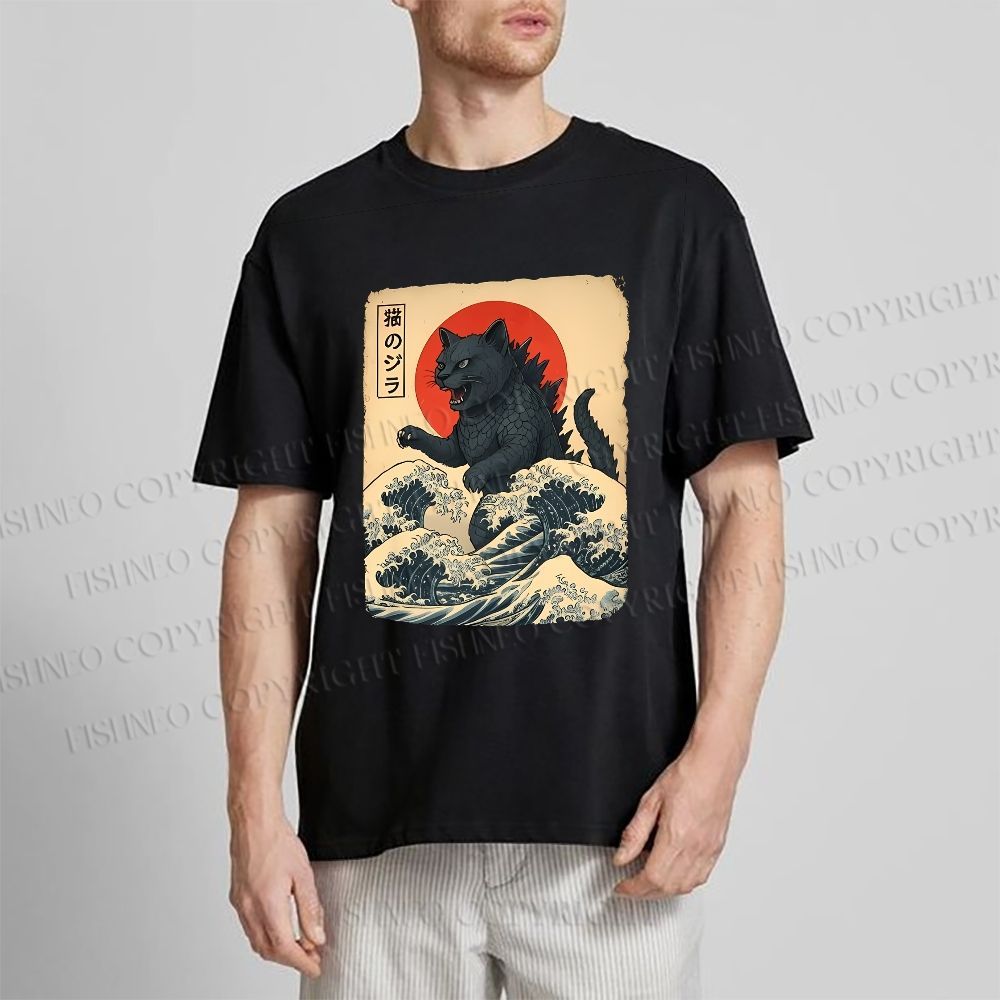 Unisex Japanese Vintage Cat Godzilla Classic Cotton T-shirt