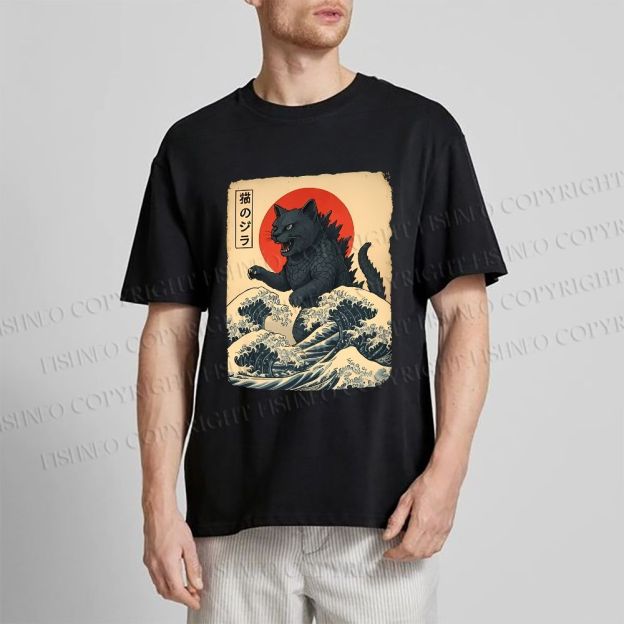 Unisex Japanese Vintage Cat Godzilla Classic Cotton T-shirt