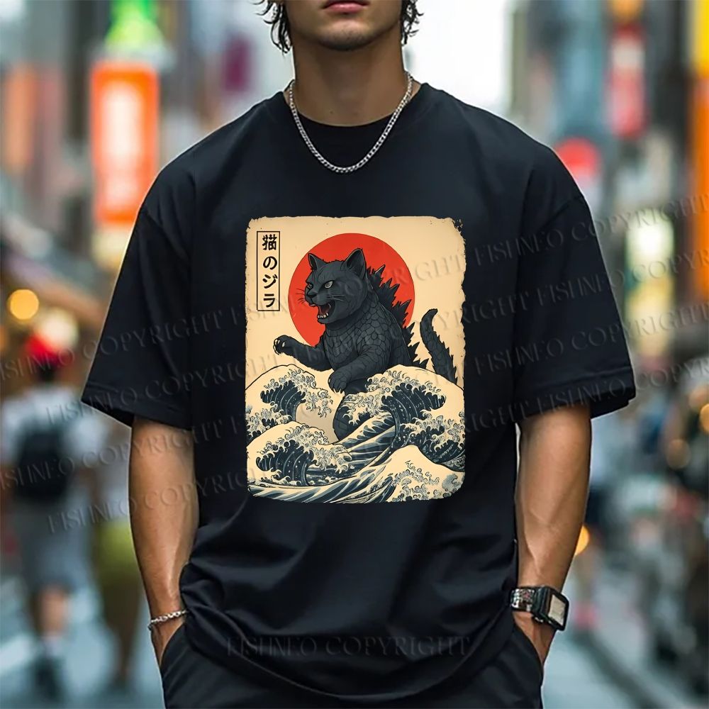 Unisex Japanese Vintage Cat Godzilla Classic Cotton T-shirt