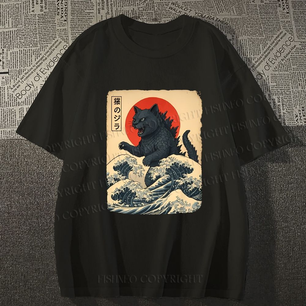 Unisex Japanese Vintage Cat Godzilla Classic Cotton T-shirt
