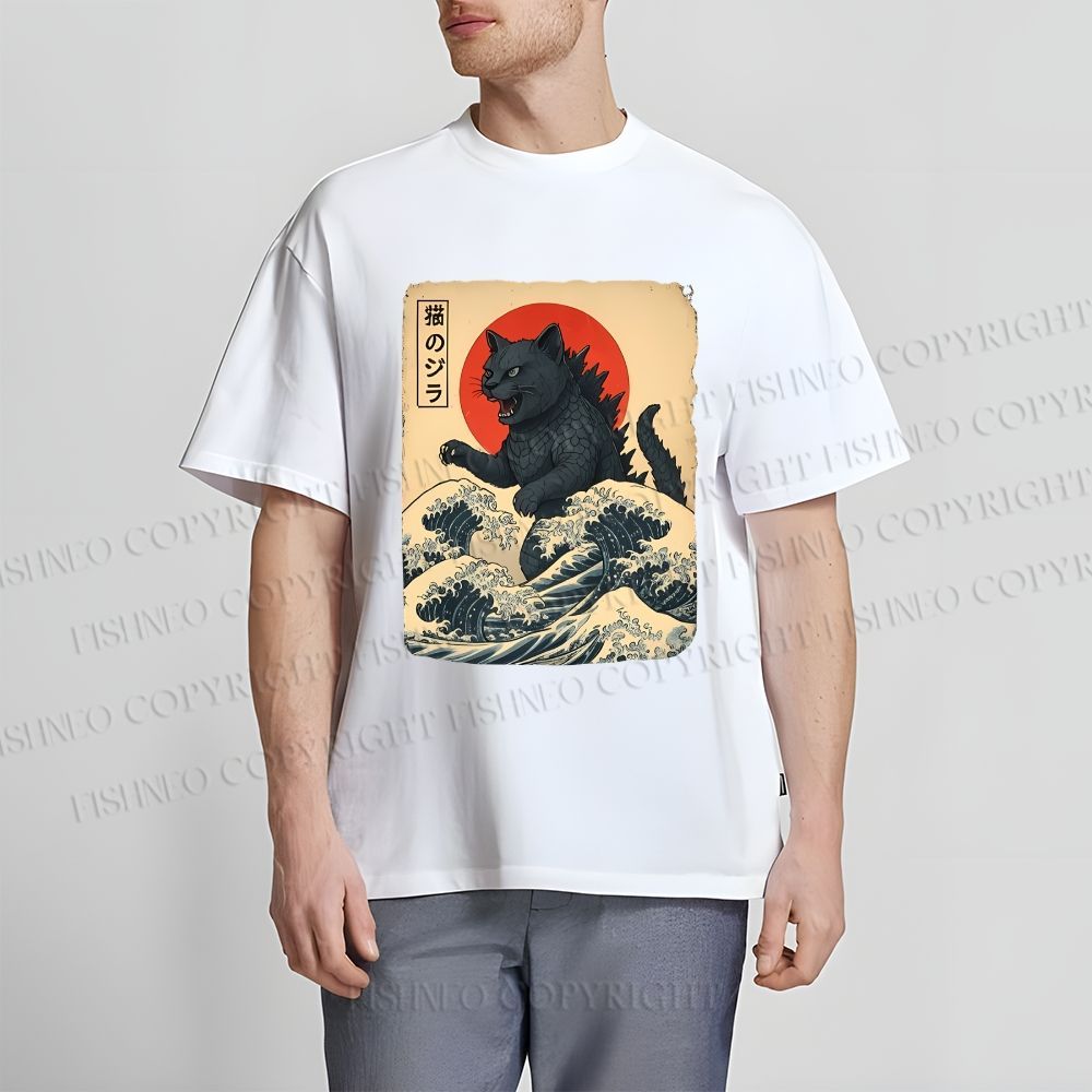 Unisex Japanese Vintage Cat Godzilla Classic Cotton T-shirt