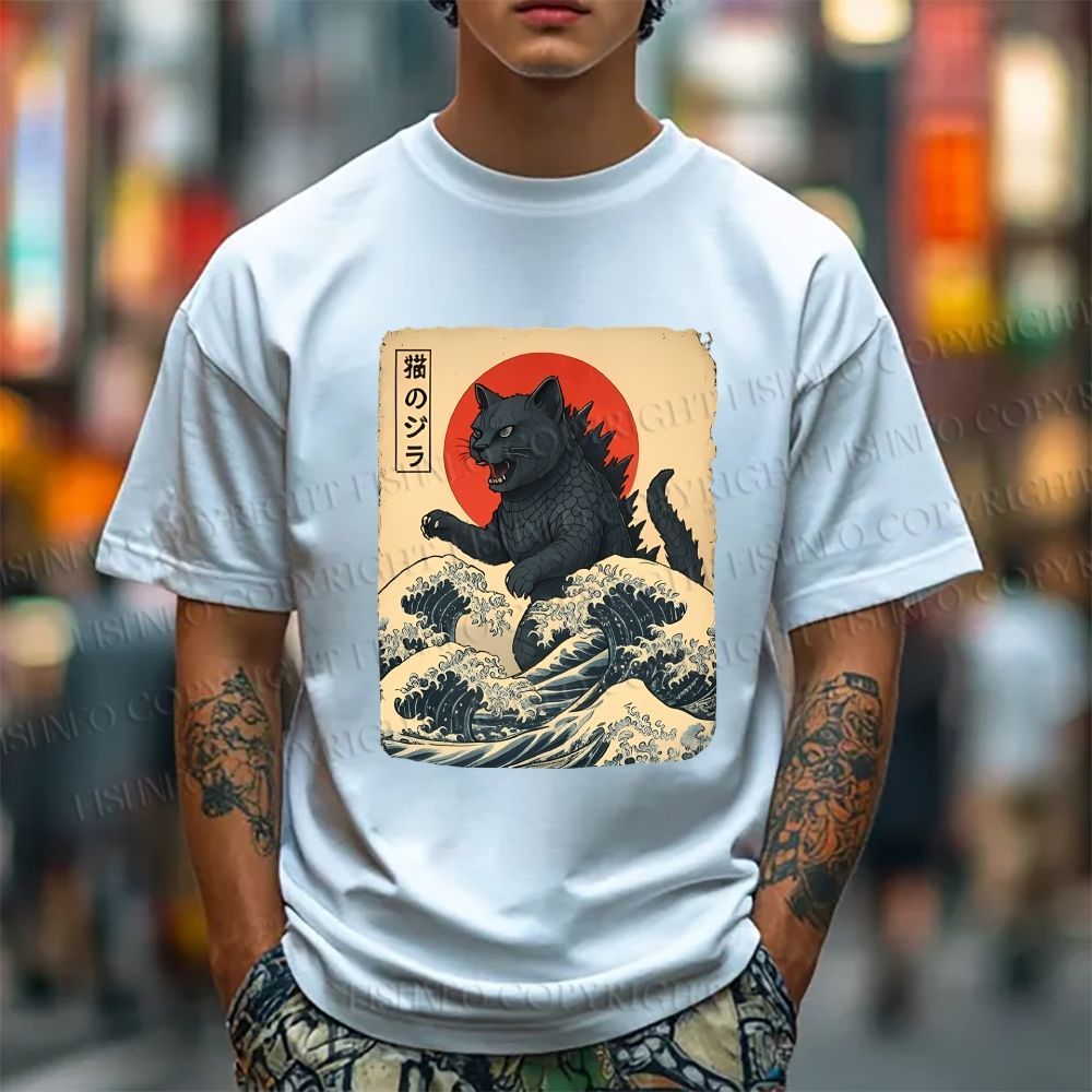 Unisex Japanese Vintage Cat Godzilla Classic Cotton T-shirt