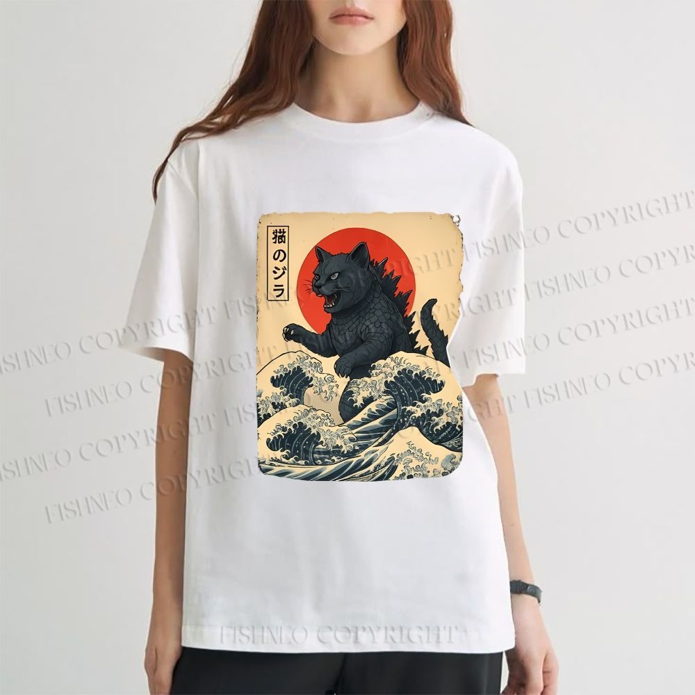 Unisex Japanese Vintage Cat Godzilla Classic Cotton T-shirt