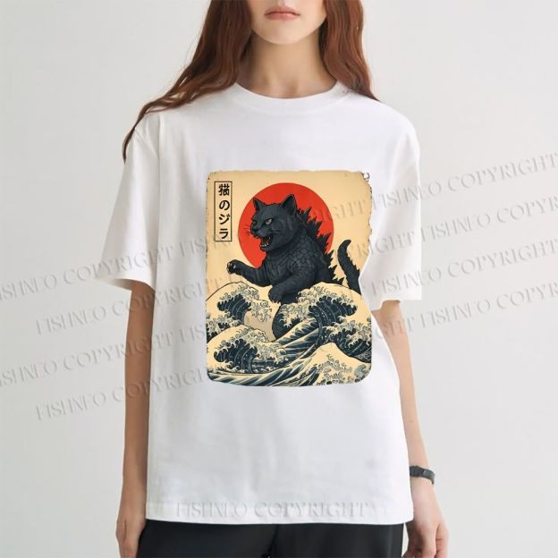 Unisex Japanese Vintage Cat Godzilla Classic Cotton T-shirt