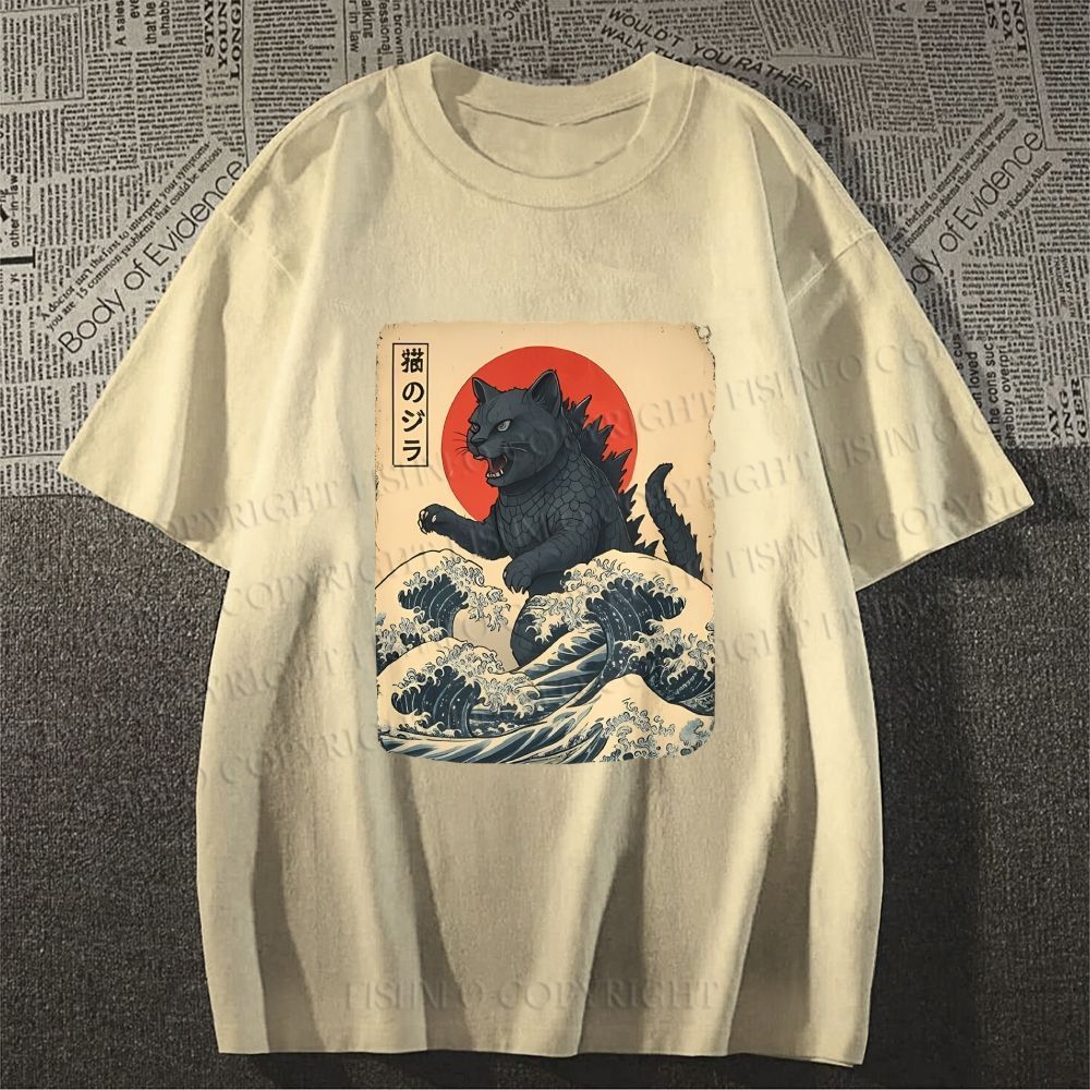 Unisex Japanese Vintage Cat Godzilla Classic Cotton T-shirt