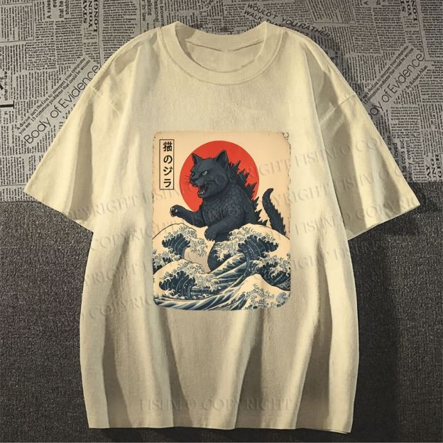 Unisex Japanese Vintage Cat Godzilla Classic Cotton T-shirt