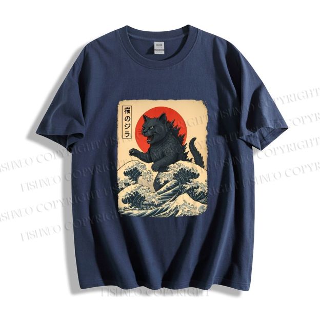 Unisex Japanese Vintage Cat Godzilla Classic Cotton T-shirt