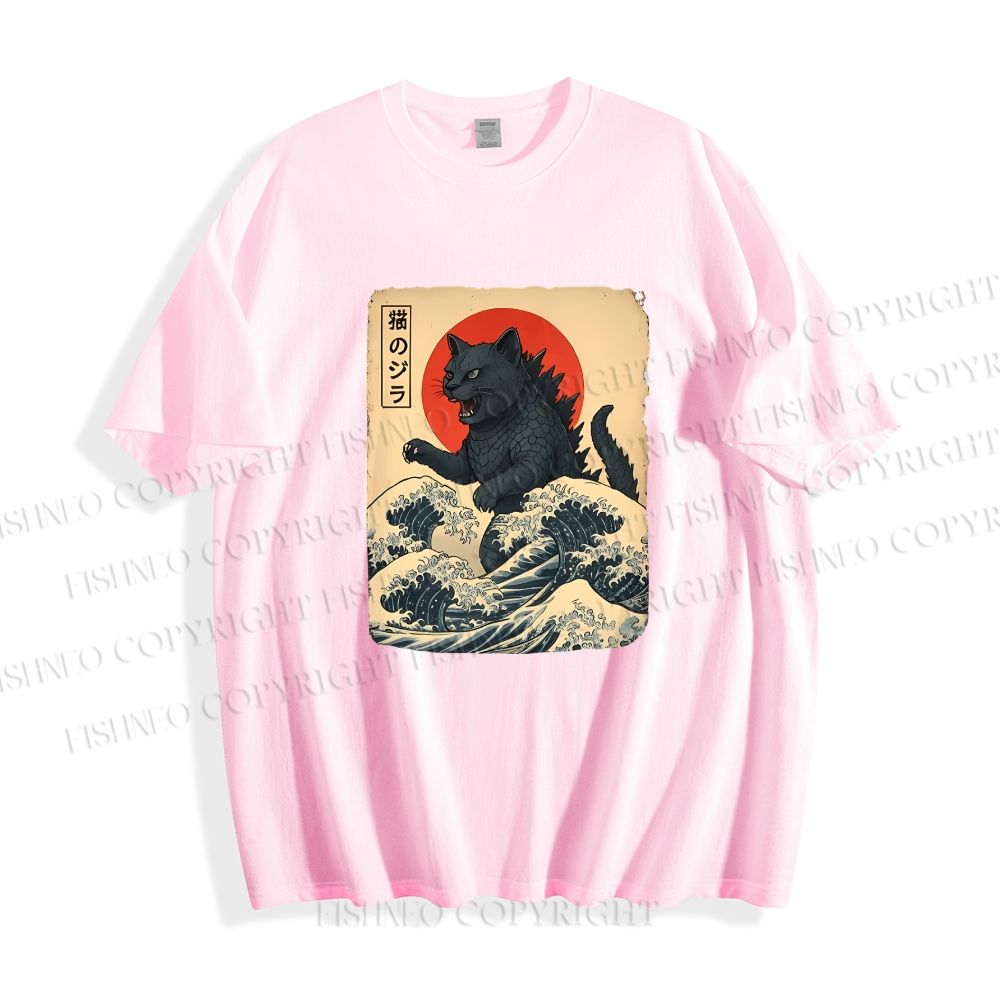 Unisex Japanese Vintage Cat Godzilla Classic Cotton T-shirt