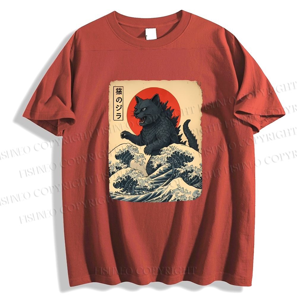 Unisex Japanese Vintage Cat Godzilla Classic Cotton T-shirt