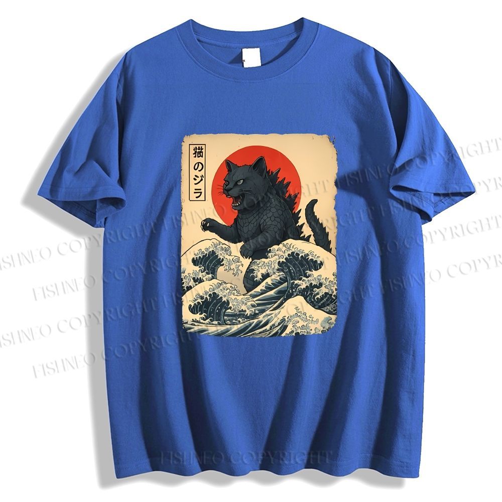 Unisex Japanese Vintage Cat Godzilla Classic Cotton T-shirt