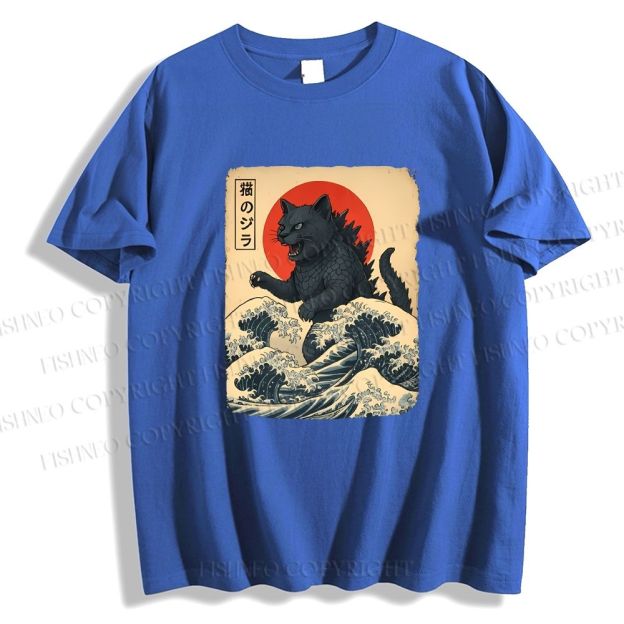 Unisex Japanese Vintage Cat Godzilla Classic Cotton T-shirt