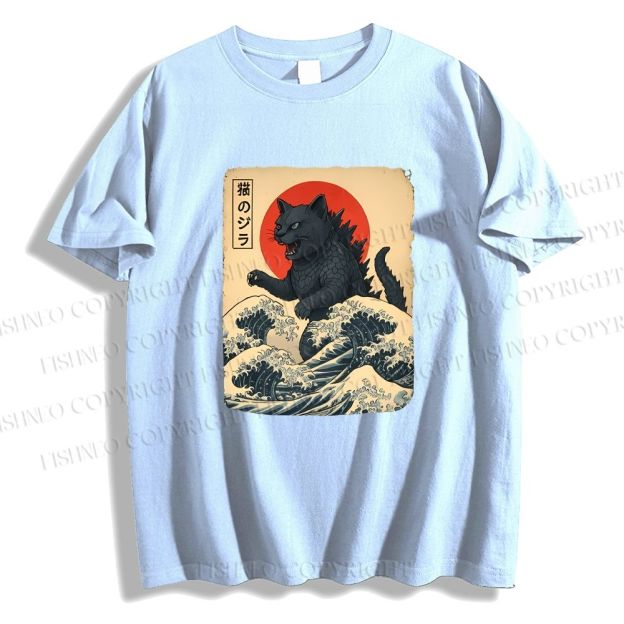 Unisex Japanese Vintage Cat Godzilla Classic Cotton T-shirt