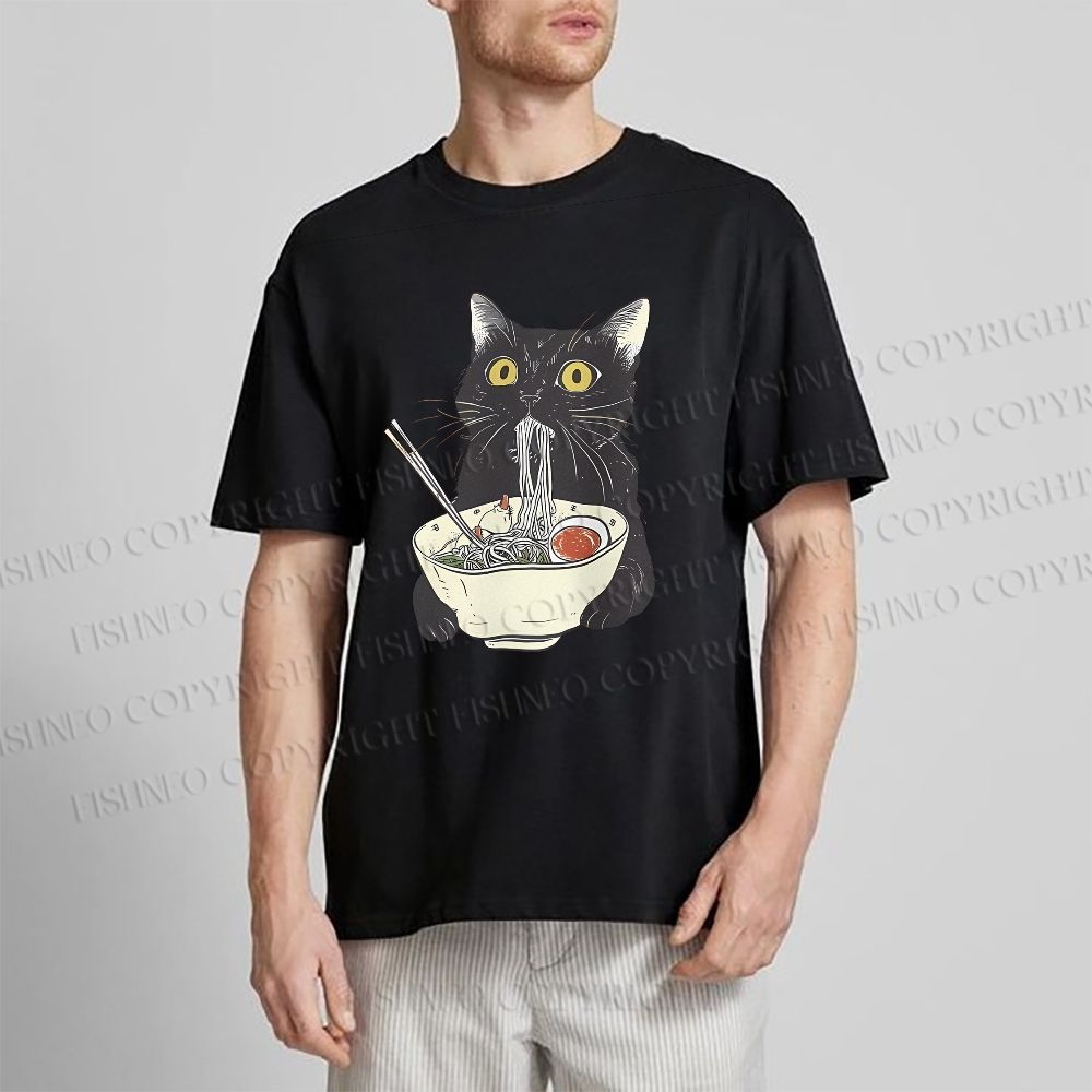 Unisex Vintage Cat Having Noodle Graffiti Classic Cotton T-shirt