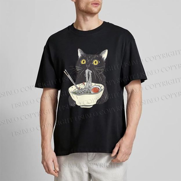 Unisex Vintage Cat Having Noodle Graffiti Classic Cotton T-shirt