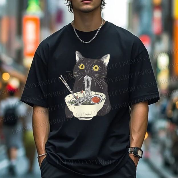 Unisex Vintage Cat Having Noodle Graffiti Classic Cotton T-shirt