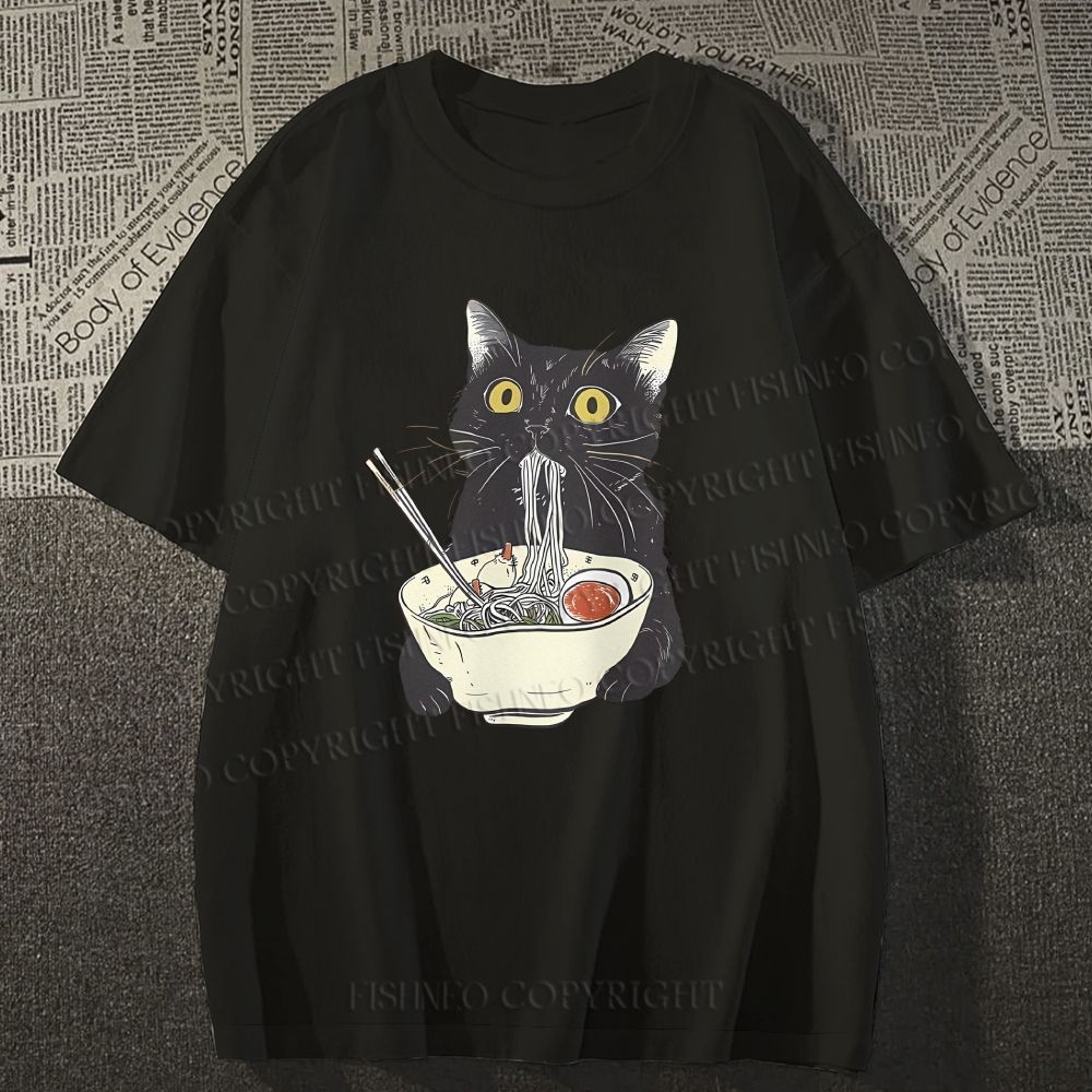 Unisex Vintage Cat Having Noodle Graffiti Classic Cotton T-shirt