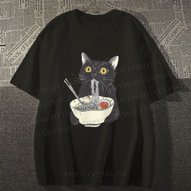 Unisex Vintage Cat Having Noodle Graffiti Classic Cotton T-shirt