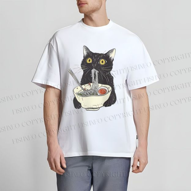 Unisex Vintage Cat Having Noodle Graffiti Classic Cotton T-shirt