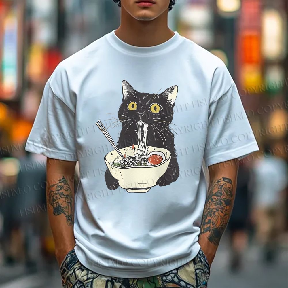 Unisex Vintage Cat Having Noodle Graffiti Classic Cotton T-shirt