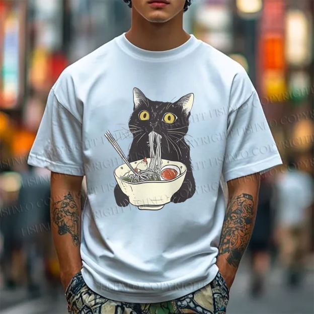 Unisex Vintage Cat Having Noodle Graffiti Classic Cotton T-shirt