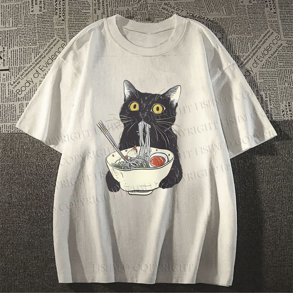 Unisex Vintage Cat Having Noodle Graffiti Classic Cotton T-shirt