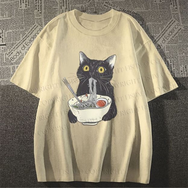 Unisex Vintage Cat Having Noodle Graffiti Classic Cotton T-shirt