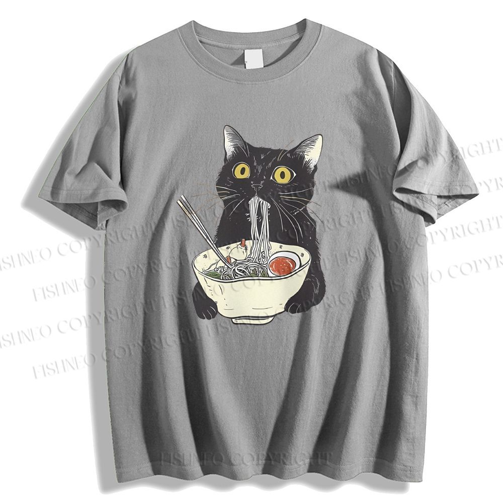 Unisex Vintage Cat Having Noodle Graffiti Classic Cotton T-shirt