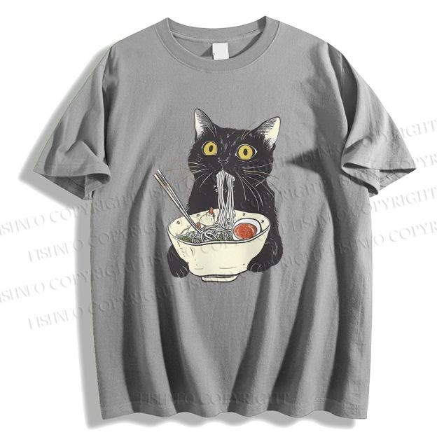 Unisex Vintage Cat Having Noodle Graffiti Classic Cotton T-shirt