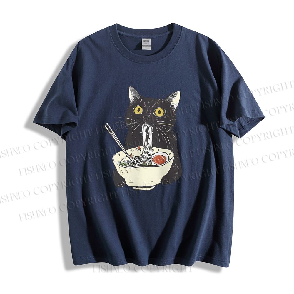 Unisex Vintage Cat Having Noodle Graffiti Classic Cotton T-shirt