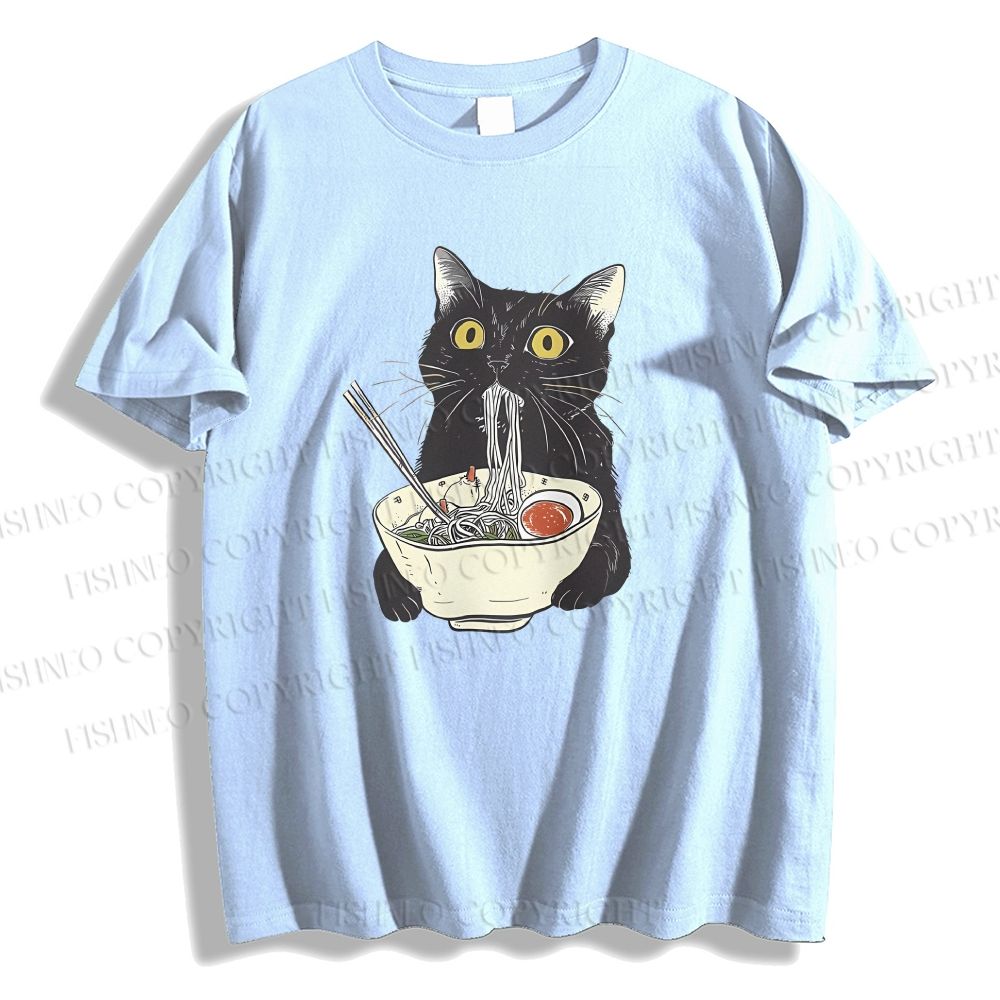 Unisex Vintage Cat Having Noodle Graffiti Classic Cotton T-shirt
