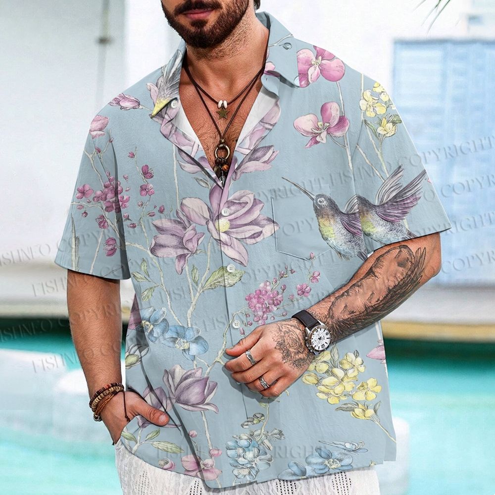Flowers Birds Printed Men's Short-sleeved Shirts